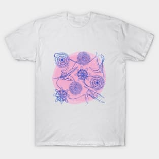 Blue flowers pattern on pink background T-Shirt